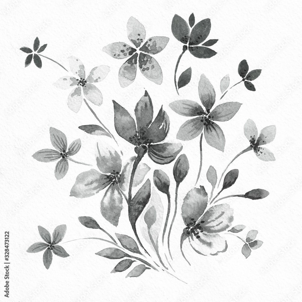 Watercolor Black and White abstract flowers with leaves on textured watercolor paper. Set of flowers for design.