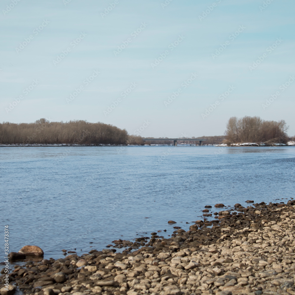 River background. Spring landscape. Irtysh river.