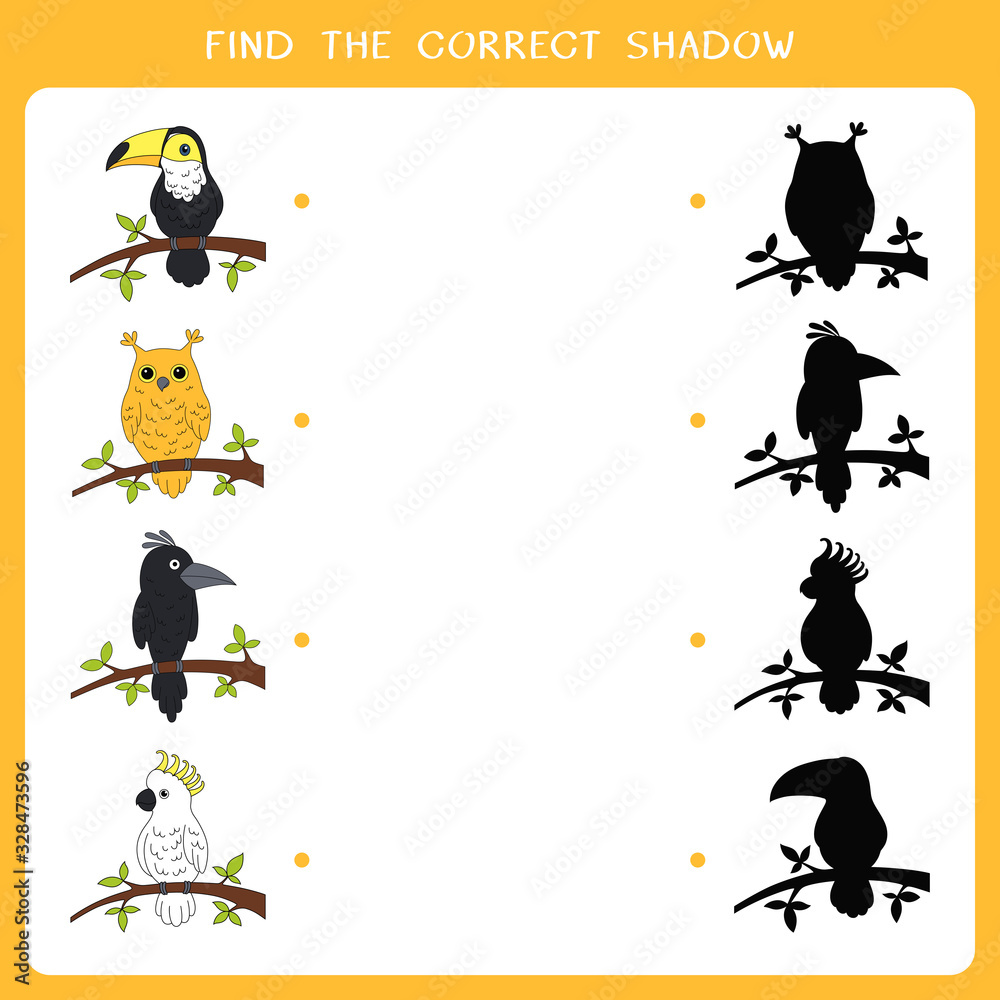 Find the correct shadow for birds. Worksheet of simple educational game ...