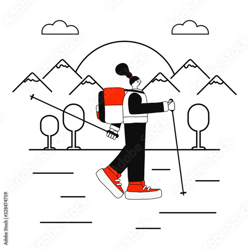 Vector illustration of a girl doing Nordic walking in the mountains. Concept of walking with sticks for a healthy lifestyle and travel.flat style.for websites, banners, applications, design t-shirts