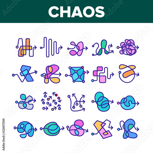Chaos Arrow Movement Collection Icons Set Vector. Confused Complicated Way As Chaos Or Problem, Chaotic Direction, Negative Space Concept Linear Pictograms. Color Contour Illustrations