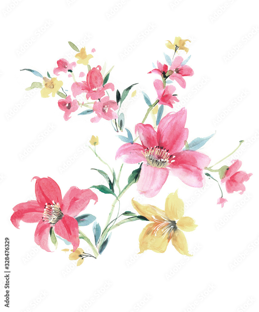 Fototapeta premium Flowers watercolor illustration.Manual composition.Big Set watercolor elements，Design for textile, wallpapers，Element for design,Greeting card