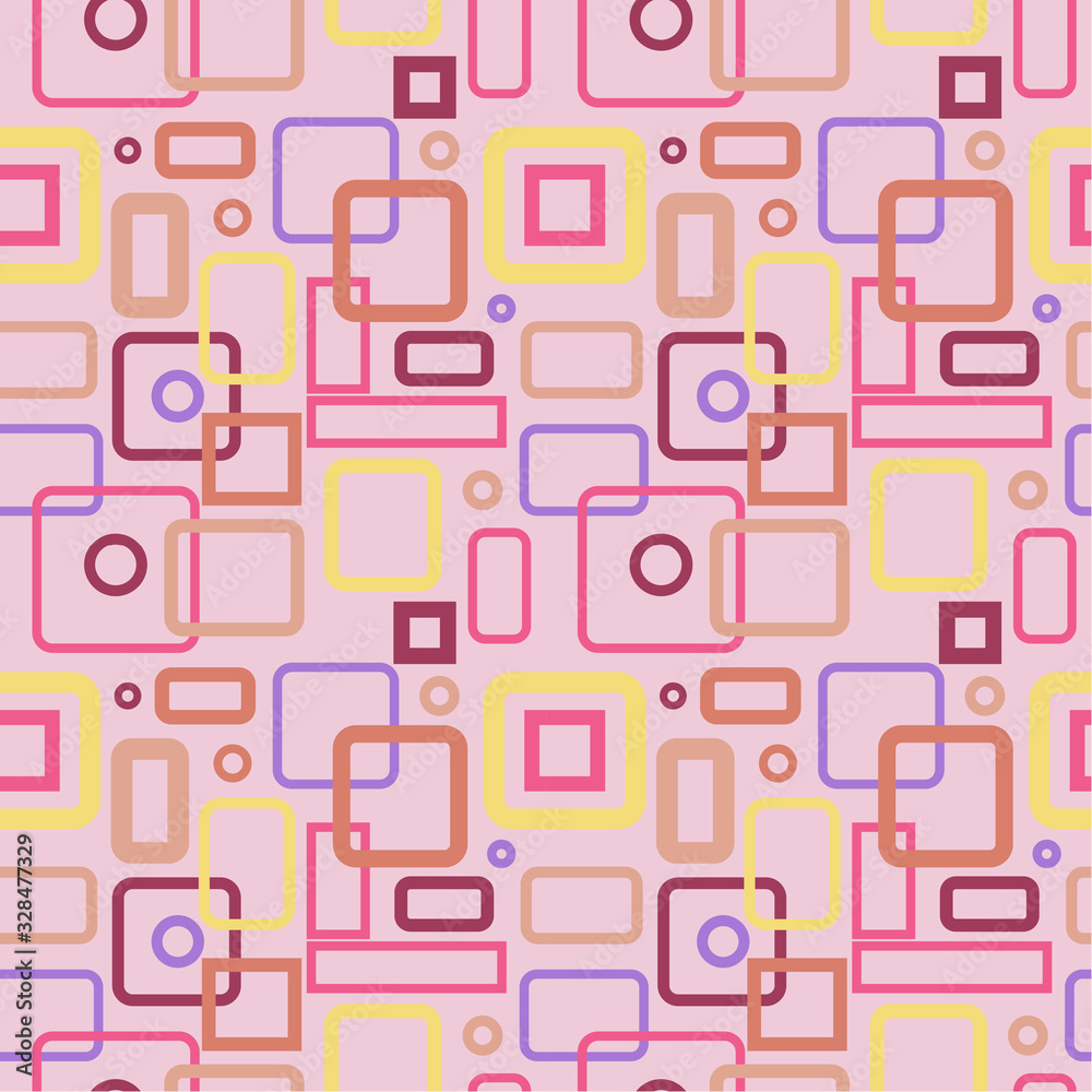  Seamless pattern: multi-colored contour squares on a pink background. Abstract geometric pattern. vector. illustration
