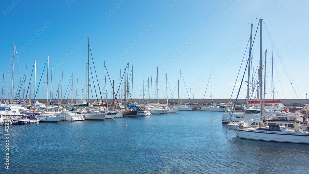 Tranquil sports marina with 344 berths for large yachts and vessels, popular among year-round sailing aficionados, Marina San Miguel, Tenerife, Canary Islands, Spain