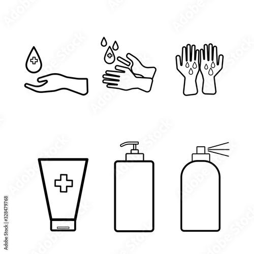 hygienic and sanitation icon set. included the icon as hand, washing, clean, Tube hand wash, Bottle hand washing liquid, Spray hand wash. Line art.