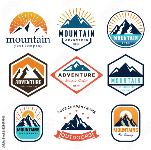 Set Of Mountain and Sea for Outdoor Adventure Emblem Logo design inspiration Hiking, vintage mountain  logo design inspiration
