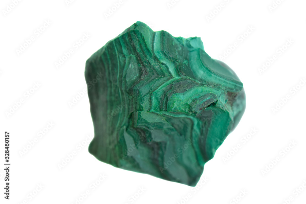 Green Malachite mineral stone isolated on a white background.