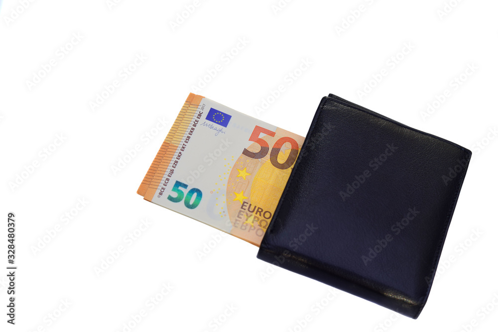 Close up of many euro banknotes inside black leather wallet isolated on white background. Saving for future life and money euros concept. Close up of many euro banknotes inside black leather wallet isolated on white background. Saving for future life and money euros concept.