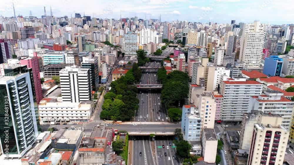 Aerial view of Radial leste, that conect the city west-east, Sao Paulo, Brazil