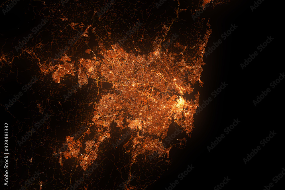 Fototapeta premium Sydney top view from satellite at night. Aerial view on modern city. Urbanization concept
