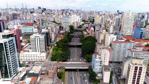 Aerial view of Radial leste, that conect the city west-east, Sao Paulo, Brazil photo