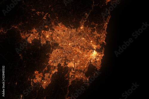 Sydney top view from satellite at night. Aerial view on modern city. Urbanization concept