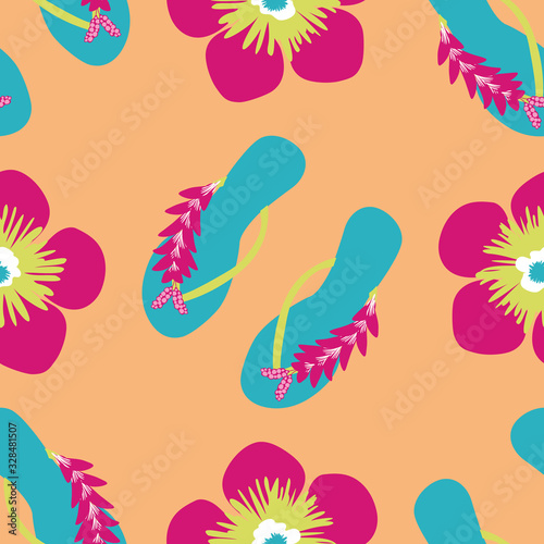 Flip flop shoe on seamless vector pattern background. Elegant sandals with tropical flowers oceanside backdrop. Orange, blue, pink hot summer all over print for beach wedding resort concept.