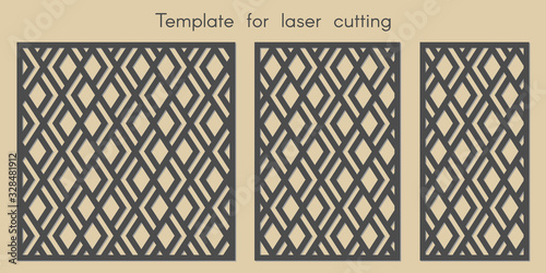 Template for laser cutting. Stencil for panels of wood, metal. Geometric pattern. Abstract background for cut. Decorative cards. Ratio 1:1, 2:3, 1:2. Vector illustration 