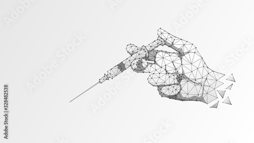 Vaccination. Syringe in a hand. Preventive medicine, health care, medical treatment concept. Low poly, wireframe 3d vector illustration. Abstract, polygonal image on white origami background