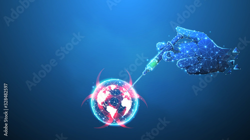 World Vaccination Day. Syringe in a hand. Preventive medicine, health care, concept of medical treatment. Low poly, wireframe 3d vector illustration. Abstract, polygonal image on blue neon background