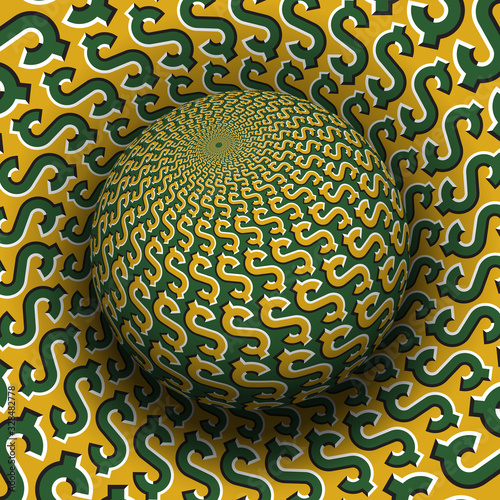 Optical illusion hypnotic vector illustration of dollar sign pattern. Patterned green golden globe soaring above the same surface.