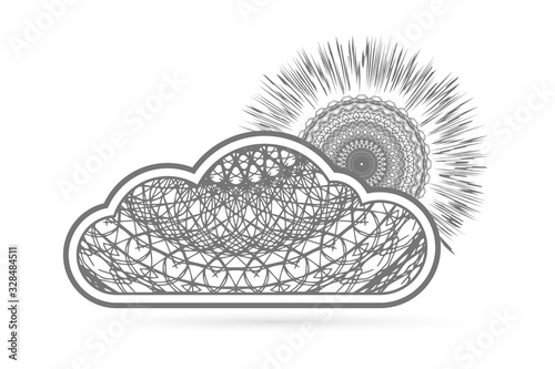 Outline cloud with sun icon isolated on white. Art line in boho or maori style. Sketch vector stock illustration