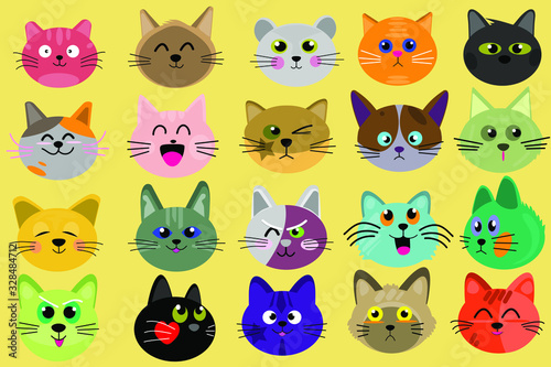 Many different cat face on yellower background