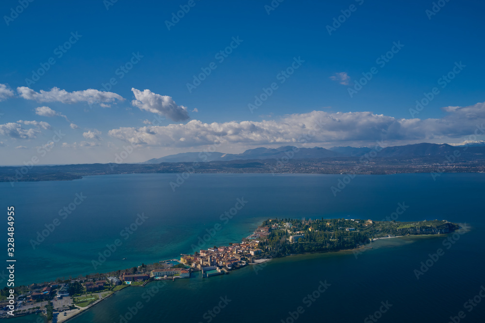 Sirmione town, Lake Garda, Italy. Aerial view of Sirmione high altitude.