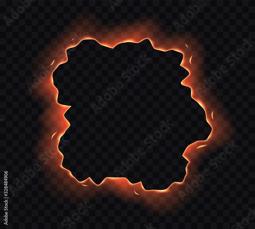 Burning paper hole, edge, frame with fire sparks isolated on transparent background. Vector illustration.