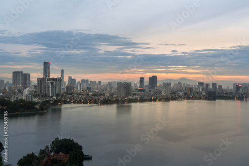 Aerial view of Hanoi skyline at West Lake or Ho Tay. Hanoi cityscape at twilight © Hanoi Photography