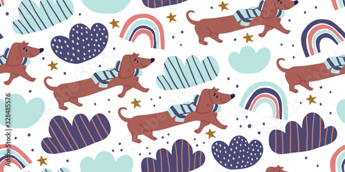 Fototapeta Naklejka Na Ścianę i Meble -  Vector seamless pattern with cute dachshund dogs