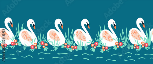 Fototapeta Naklejka Na Ścianę i Meble -  Swans seamless vector border. Swan lake repeating design. 