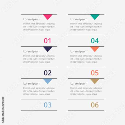 Modern vector abstract infographic with 6 steps or processes elements. Business concept timeline. Vector illustration.