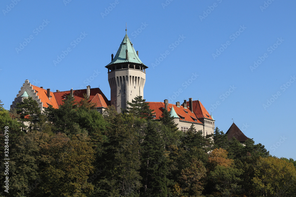 Romantic castle - fortress with tower in the forest. Smolenice castle, Congress Center of SAS - built in 15th century, Little Carpathian (SLOVAKIA)