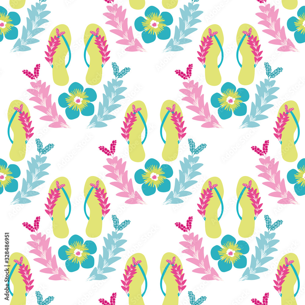 Flip flop shoe on beach seamless vector pattern background. Elegant sandals and flowers oceanside backdrop. Tropical colors. Hot summer all over print. For seaside wedding and honeymoon resort concept Flip flop shoe on beach seamless vector pattern background. Elegant sandals and flowers oceanside backdrop. Tropical colors. Hot summer all over print. For seaside wedding and honeymoon resort concept