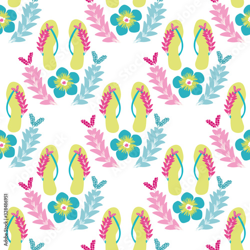 Flip flop shoe on beach seamless vector pattern background. Elegant sandals and flowers oceanside backdrop. Tropical colors. Hot summer all over print. For seaside wedding and honeymoon resort concept