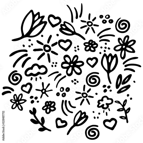 Nature vibes. Marker hand drawn illustration. Cute doodle elemets for digital and print.