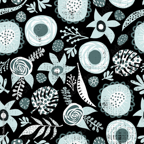Blue Winter florals on black background seamless vector pattern.
