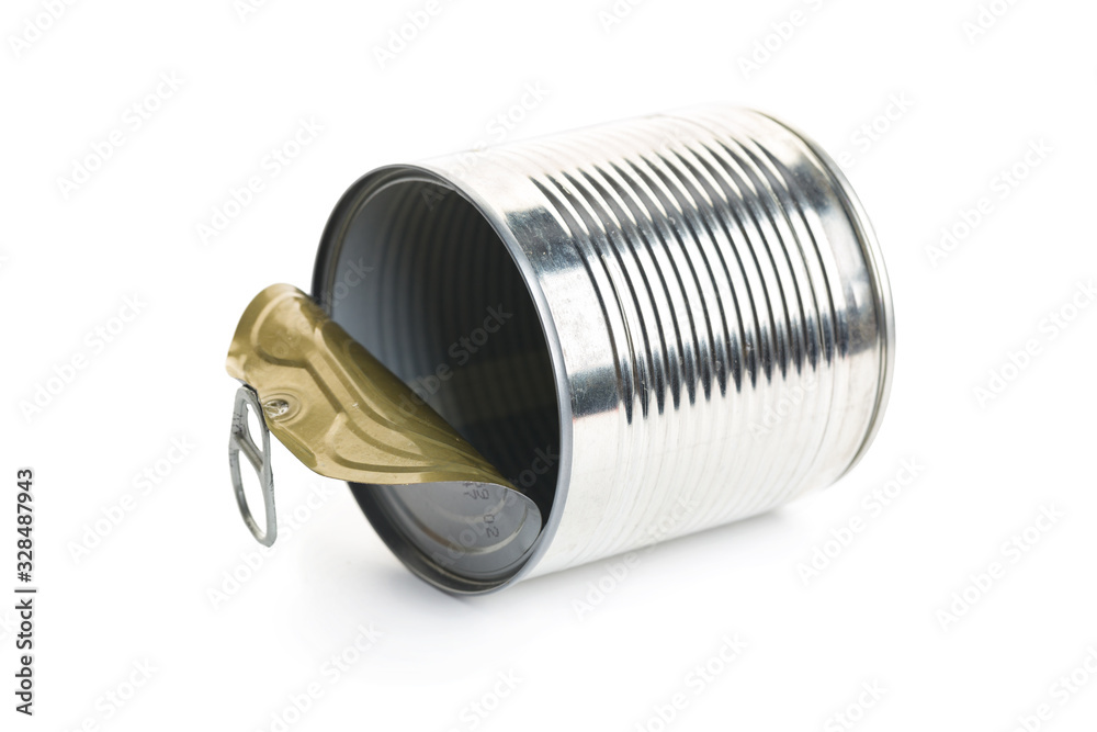 Opened metal tin can, isolated on white background