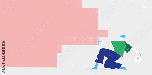 Giovane ragazzo pittura la parete di rosa con rullo - Illustrazione vettoriale	