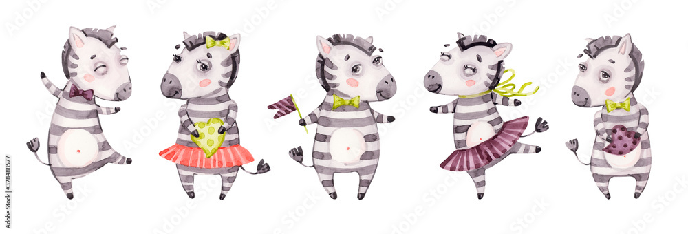 Fototapeta premium Cute baby zebra portrait set. Watercolor nursery cartoon jungle animals horse. Adorable Nurseries safari set isolated on white background, banner. Hand painted watercolour baby zebra clip art