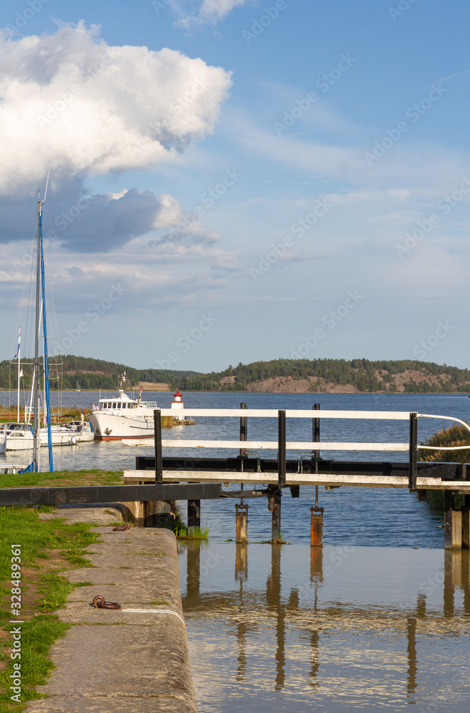 Locks and boats Götakanal lake Slätbaken Sweden