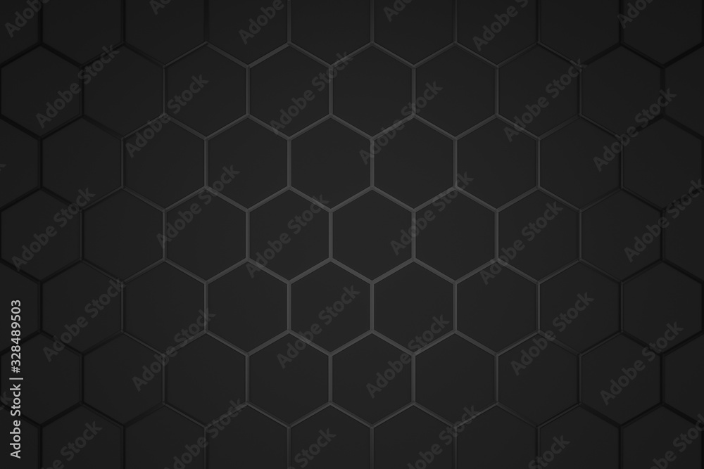 Abstract hexagon pattern on dark background with futuristic concept. Backdrops surface and black material template. 3D rendering. Abstract hexagon pattern on dark background with futuristic concept. Backdrops surface and black material template. 3D rendering.