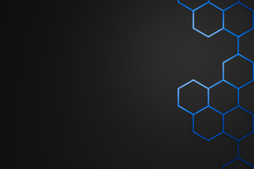 Abstract blue hexagon pattern frame on dark background with futuristic concept. Backdrops surface and black material template. 3D rendering.