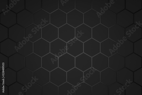 Abstract hexagon pattern on dark background with futuristic concept. Backdrops surface and black material template. 3D rendering.