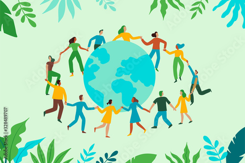 Vector illustration in flat cartoon simple style with characters - recycling and ecology concept - people dancing together holding hands and green planet 