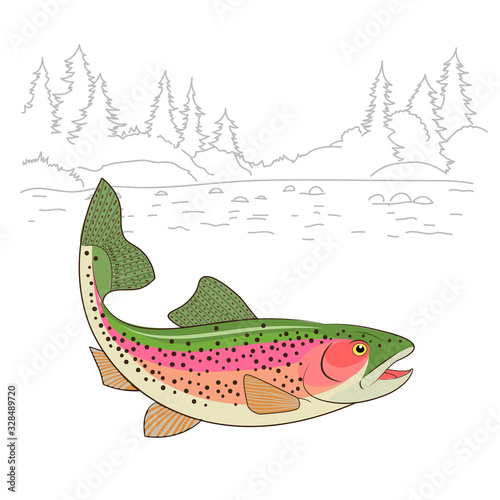 Fishing emote. Rainbow Trout Fish Realistic drawing Vector illustration. American trout swimming in water isolated on white. Fishing theme vector.