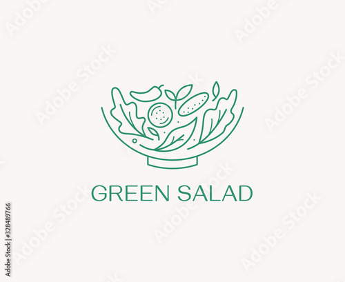 Vector logo design template in simple linear style - green salad emblem - healthy fresh food sign