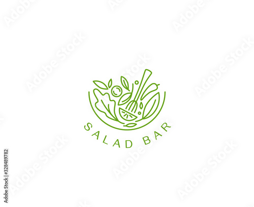 Photo Vector logo design template in simple linear style - green salad emblem - health