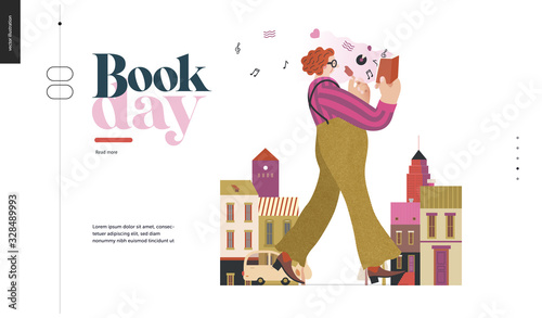 World Book Day graphics -book week events. Modern flat vector concept illustrations of reading people -a red-haired man wearing vinatge outlook walking in town, eating ice cream, reading a music book
