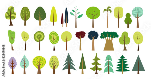 Simple tree set. Vector forest set. Various trees and bushes colorful wood cartoons flat style. Fir, pine, spruce, larch. Conifers and deciduous. Different simple trees and shrubs on white background.