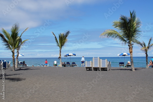 picturesque Playa Jardín beach on the Spanish Canary Island Tenerife with black volcanic sand blue ocean water and green palm trees © Joanna Redesiuk