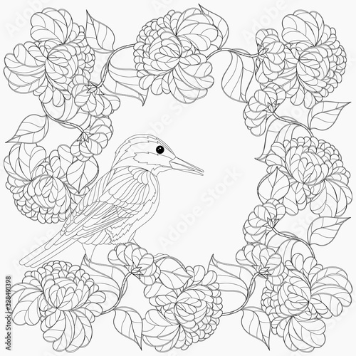 Coloring book with bird, ribbon and flowers. © alisenok1990