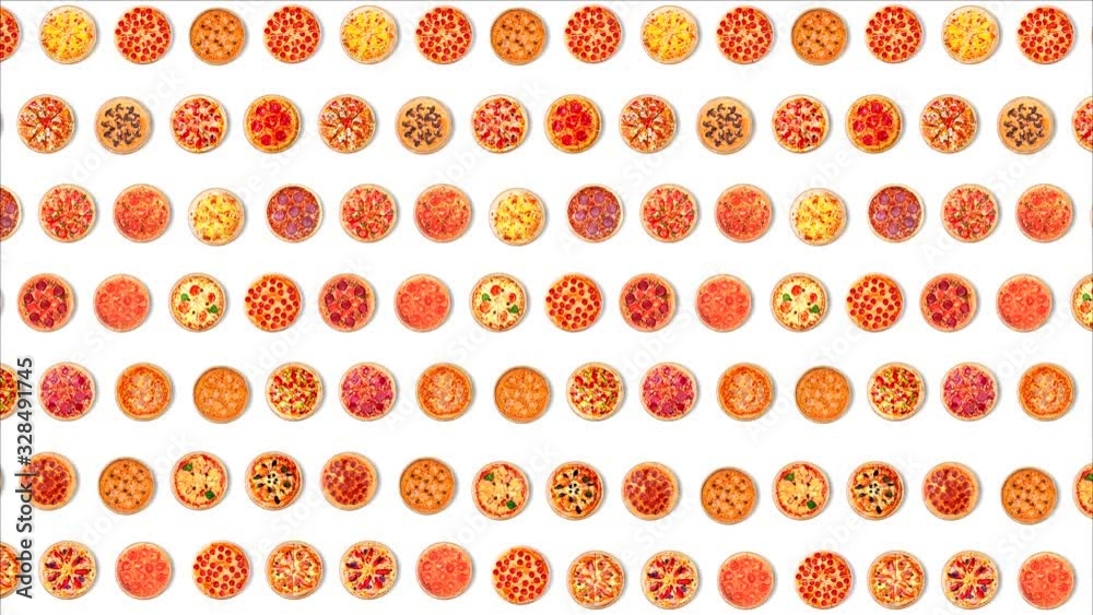 Texture consisting of moving pizzas on a white background. Texture consisting of moving pizzas on a white background.